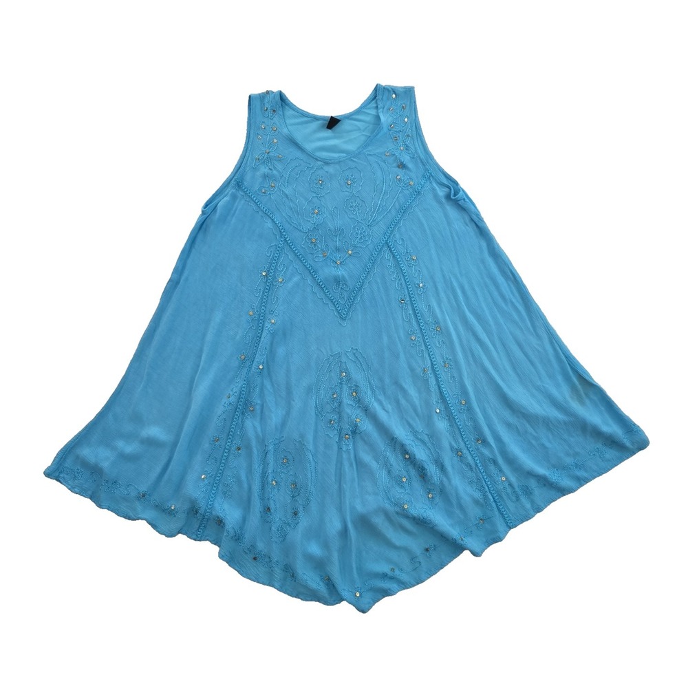 Riviera Sun Short Sleeve Smock Dress XL Rayon Blue Sequined Embroidered Floral‎